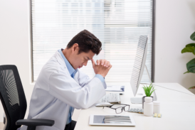 stressed doctor at desk 