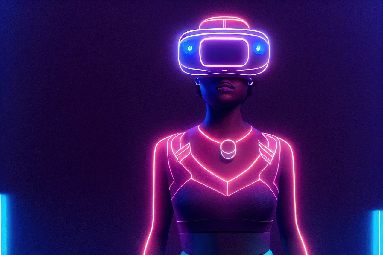 neon woman wearing vr headset